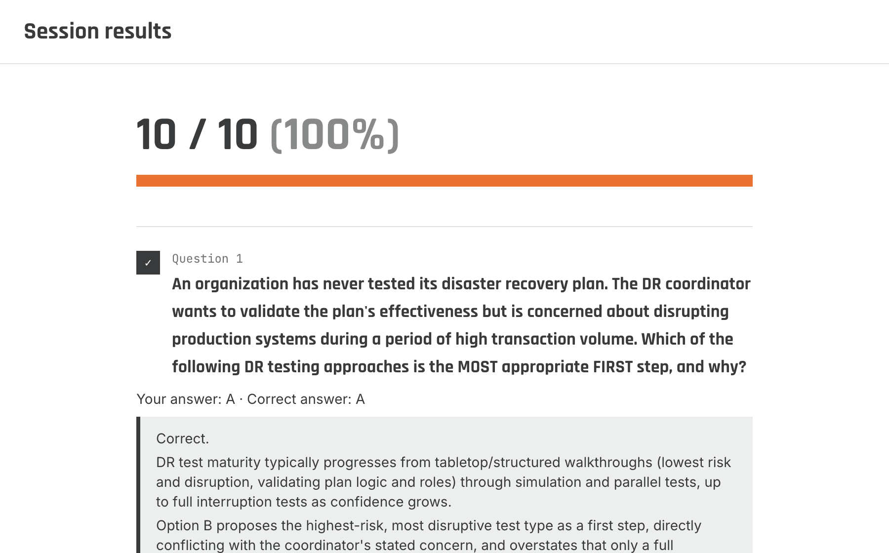 Wira Cyber practice session results showing a 10 out of 10 score, a score meter, and instant per-question feedback with a rationale